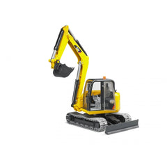 Yellow Bruder Cat Mini Excavator toy with tracked chassis and movable arm, designed for imaginative construction play.