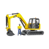Yellow CAT mini excavator toy with rotating cab, black tracks, and adjustable plough blade, includes construction worker figure.