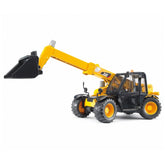 Bruder CAT Telehandler toy with yellow extendable arm, black cabin, and realistic wheels on a white background.
