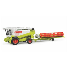 Bruder Claas Lexion 480 toy combine harvester with realistic red cutting unit and green and white body.
