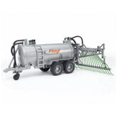 Bruder Fliegl Barrel Trailer with spread tubes, realistic gray plastic toy vehicle with green pouring arms.