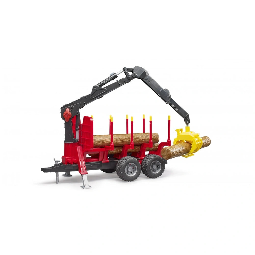 Red forestry trailer with black crane and yellow grab holding wooden logs on a white background.