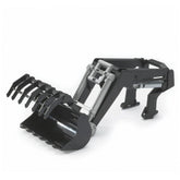 Bruder frontloader for tractors, black with detachable grabber, robust design for imaginative play.
