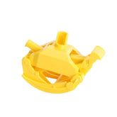 Yellow plastic crane grabber attachment for Bruder forestry tractor, featuring a rounded, open mechanism.