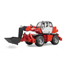 Red Bruder Manitou MRT 2150 toy telehandler with extendable arm and black bucket attachment on white background.