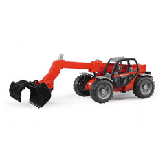 Red Bruder Manitou Telescopic Loader MLT 633 toy with extendable arm and rugged tires, detailed replica design.
