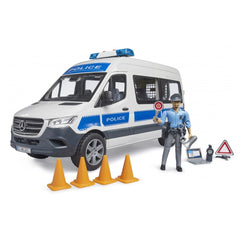 Police emergency vehicle toy with orange cones, figure in uniform, sign, and accessories.