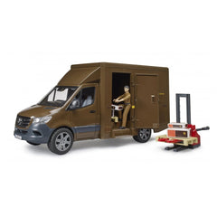 Brown UPS toy van with driver figure in uniform, side door open, and red hand truck with parcels.