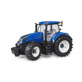 Blue New Holland T7 315 toy tractor with large black tires, clear cab, side view.