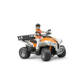 Orange and white quad toy with driver in helmet, featuring realistic details and rugged tires, by Bruder.