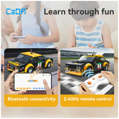 CaDA Blade Fiat Abarth 131 construction set features a child playing with a plastic toy car in a blurred lifestyle scene.