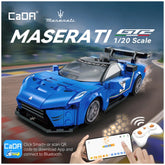 CaDA Blade Maserati GT2 construction set packaging featuring a blue Lego car, printed graphics, and icons on a blurred backgr