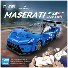 CaDA Blade Maserati GT2 construction set packaging featuring a blue Lego car, printed graphics, and icons on a blurred backgr