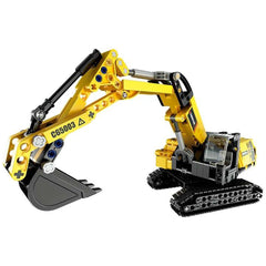 CaDA Excavator 360 Rotation construction set toy in yellow and black plastic, featuring a prominent arm and wheels.