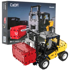 CaDA Forklift Truck toy in red and yellow with black wheels and chassis, displayed in black and white cardboard packaging.