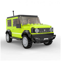 CaDA Suzuki Jimny construction set toy in bright lime green, featuring black wheels, silver hubcaps, and transparent windows.