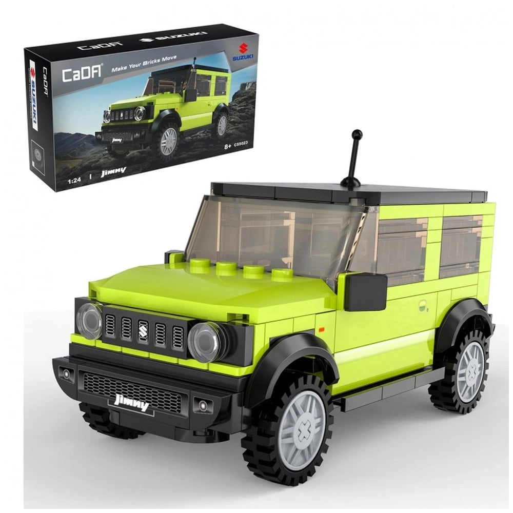 CaDA Suzuki Jimny toy car in green plastic with transparent roof, black wheels, and detailed features like headlights and roo