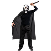 Black adult ghost costume with a black and silver knife, designed for pretend professions and role playing.