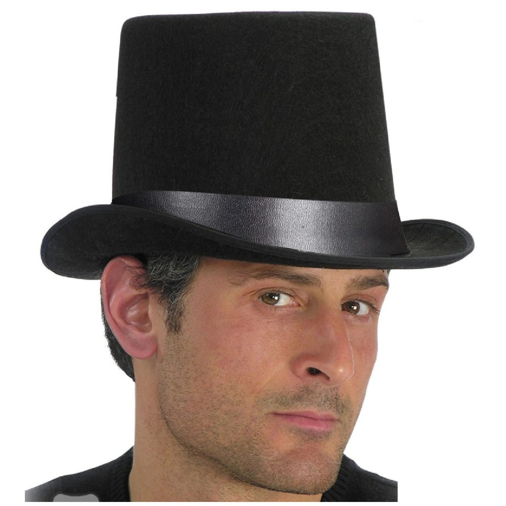 Black felt top hat with wide brim and glossy adjustable band, perfect for imaginative dress-up and role-playing.