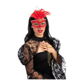 Carnival Toys - Rode Damast Halve Gezichtsmasker Met Veren Voor Creatief Verkleedplezier - Doe-Vakanties En Rollenspellen