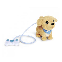 Loomy Golden Retriever plush toy with a blue bandana connected to a white game controller by a blue cord on a white surface.