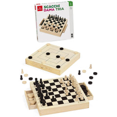 Dal Negro Tria Basic wooden board games set featuring two chess boards, black and white chess pieces, and red logo packaging.