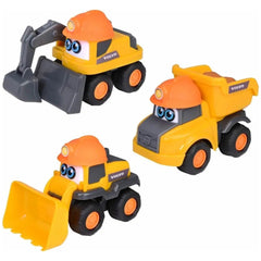 Dickie Abc Volvo Builder Team play vehicle in yellow plastic with black tires, shovel, and orange hat, front view.