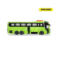Dickie Man Lions Coach Flixbus toy vehicle in green with matte finish, featuring transparent windows and glossy black wheels.