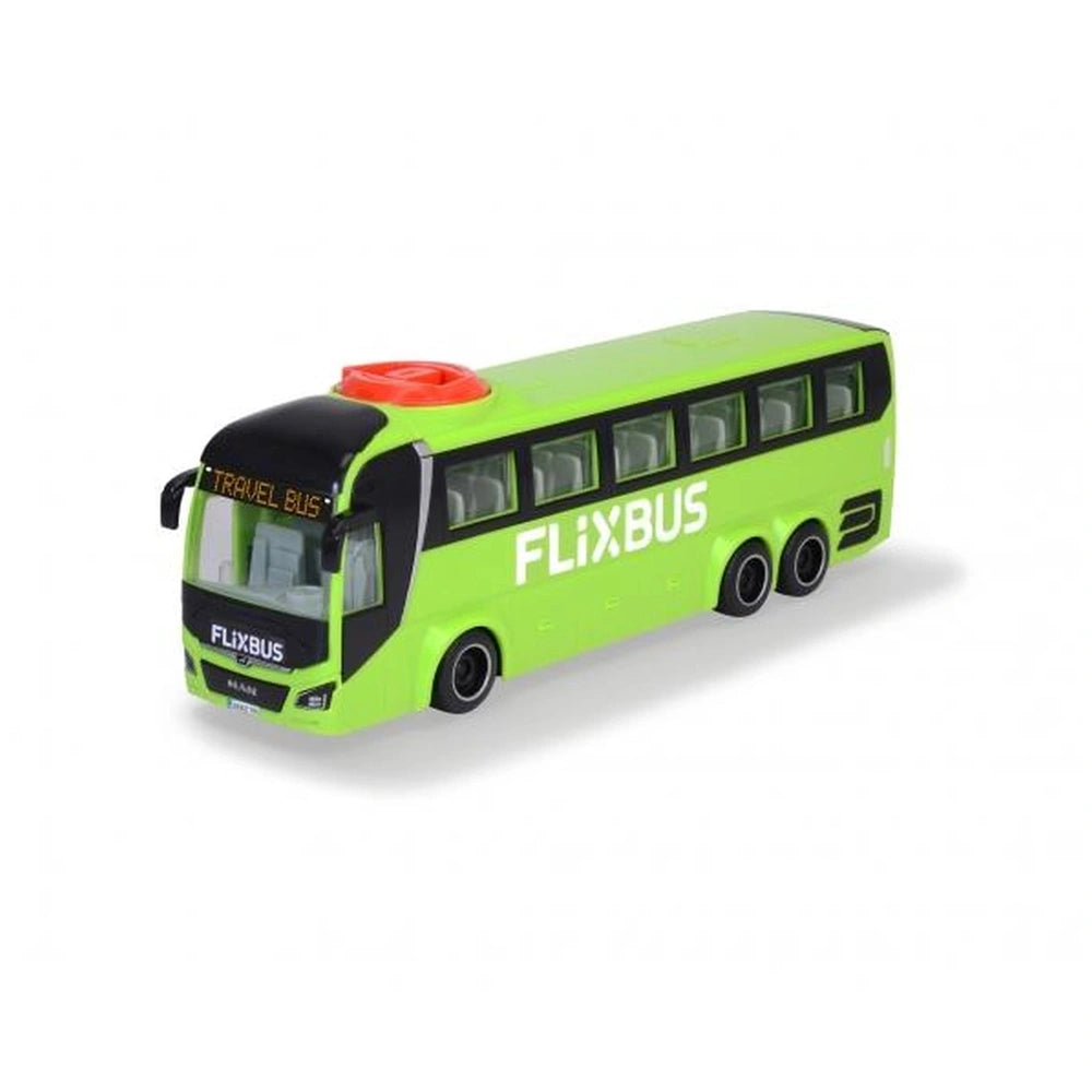 Green Flixbus toy coach with a red roof, black wheels, and white "FLIXBUS" text on clear plastic windows.