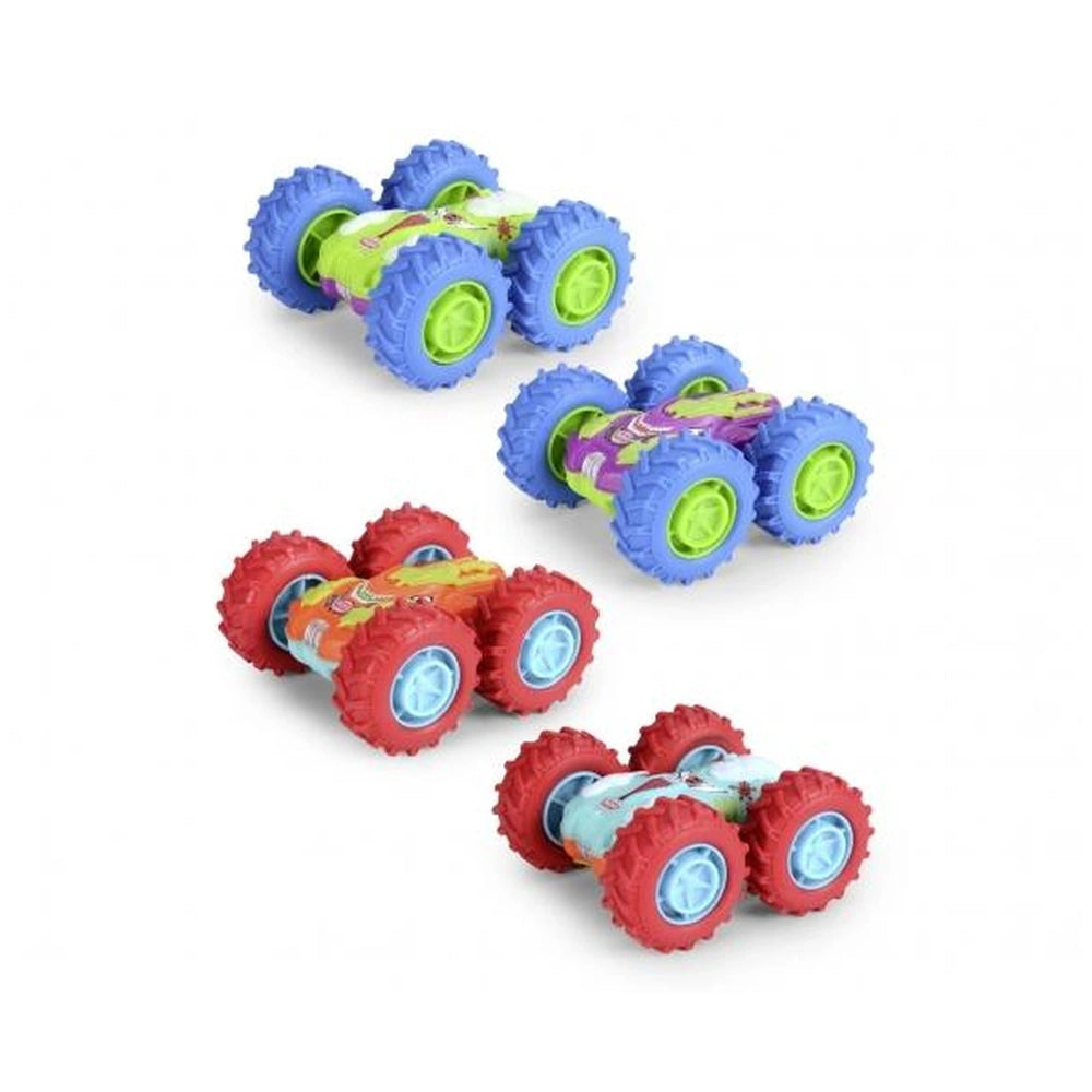 Dickie Monster Flippy assorted play vehicle features a red plastic body with blue wheels and green centers.