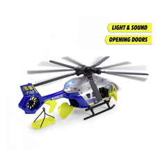Dickie Police Helicopter play vehicle in blue plastic with black rotor blades and yellow landing gear, featuring "170" and "A