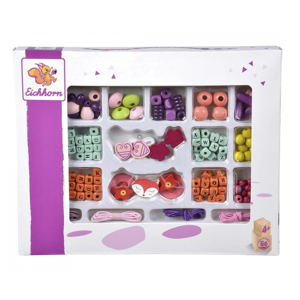 Eichhorn bead set featuring 190 colorful plastic pieces, including various shapes and characters, in a white and purple packa