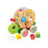 Colorful pull-along stacking animal toy featuring a green turtle base, wheels, and gears for baby activity and entertainment.