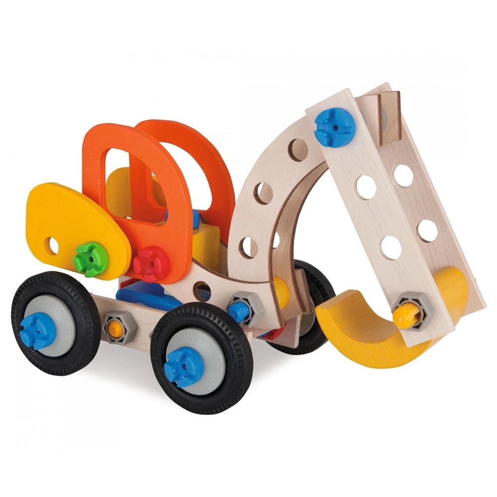 Eichhorn Constructor 3in1 construction set features a wooden car-like toy with black wheels, a yellow steering wheel, and blu