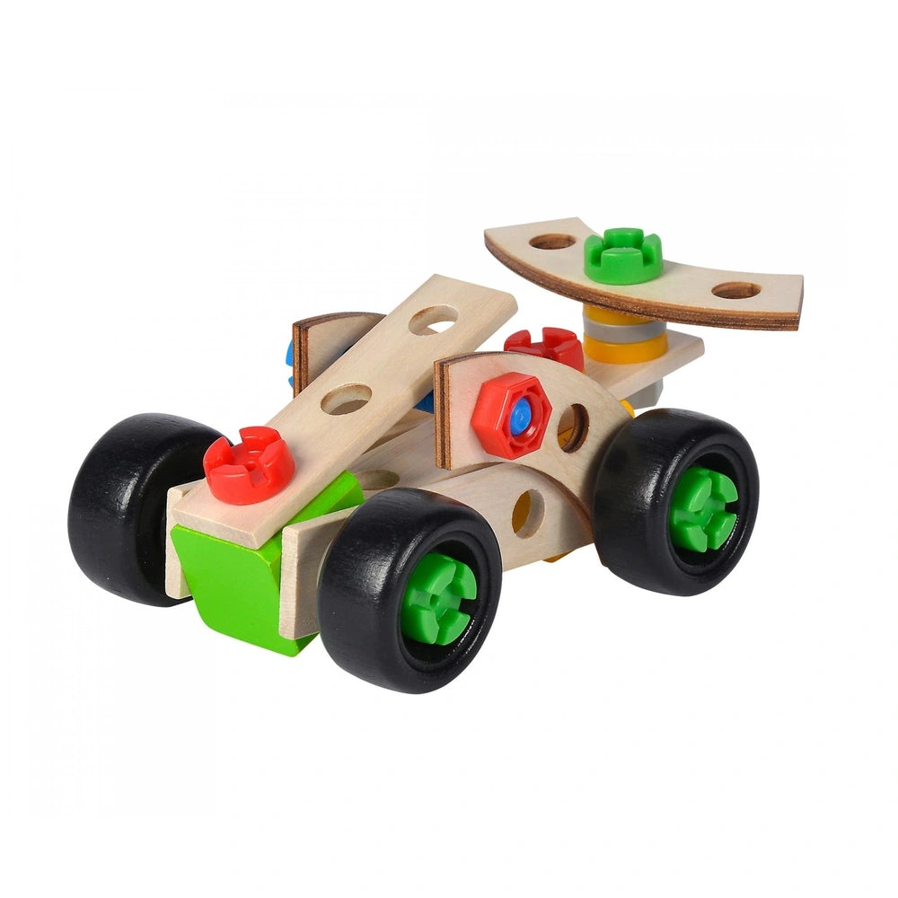 Eichhorn Constructor 3in1 Race Car is a wooden toy with black and green wheels, featuring a light wood body and colorful acce