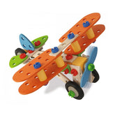 Wooden toy airplane featuring a blue body and orange wings and propeller, designed for imaginative play.