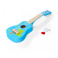 Eichhorn Music Wooden Guitar 54cm with colorful designs and fret markers on a white surface, featuring playful decor elements