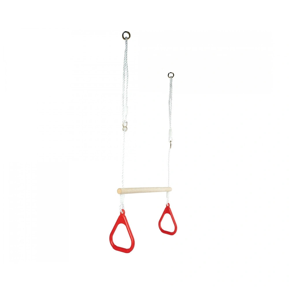 Eichhorn Outdoor Gymnastics Rings in red, showcasing durable handles with a wooden dowel and white cord for exercise.