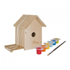 Eichhorn outdoor birdhouse kit with colorful paints and a brush, perfect for creative arts and crafts activities.