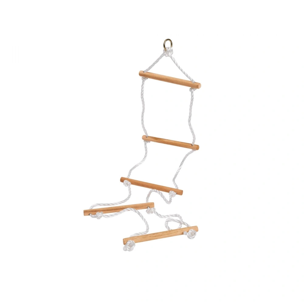 Eichhorn Outdoor Rope Ladder made of light wood with white rope, featuring horizontal rungs and vertical supports.