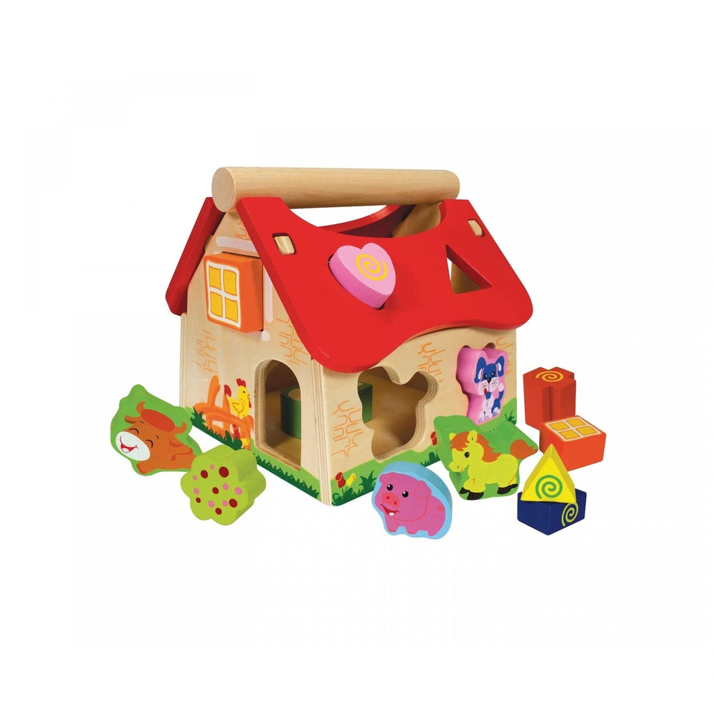 Eichhorn Sorting Farm toy set featuring a colorful wooden house and various cartoon-style animal figures.