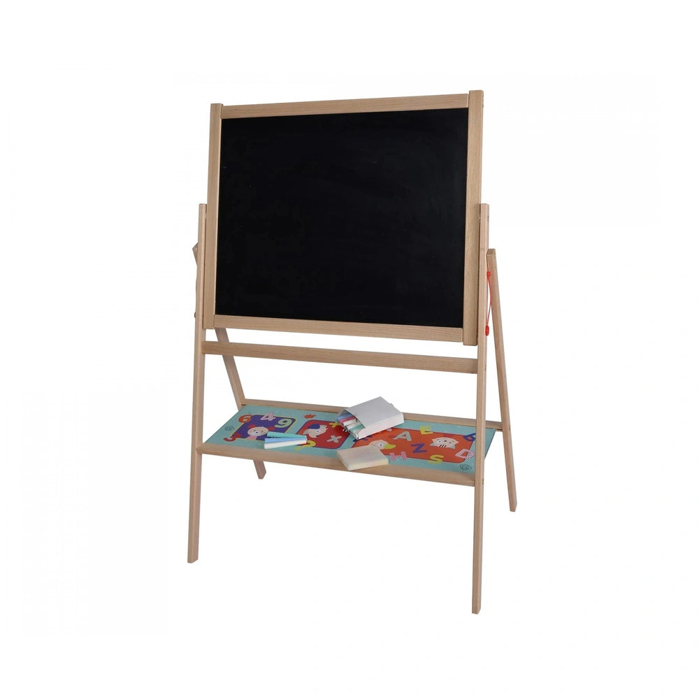 Eichhorn standing blackboard on a wooden easel with colorful shelf, chalks, and paintbrush. Ideal for educational play.
