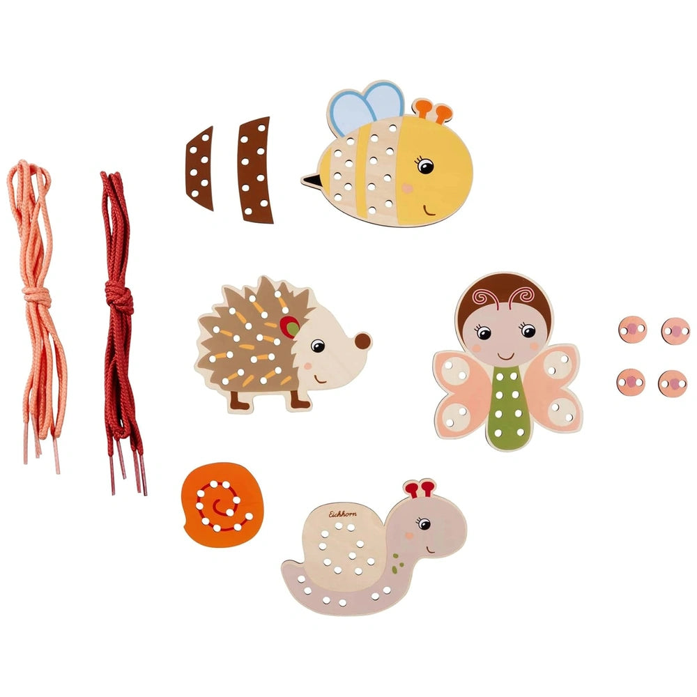 Eichhorn String Game features colorful felt animal crafts, including a bee, ladybug, caterpillar, and snail for baby activity