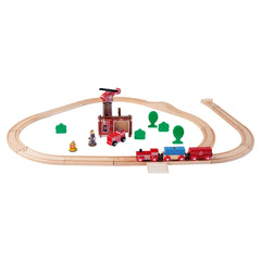 Eichhorn Train Track with Bridge Playset featuring a colorful wooden train, figures, and multiple track components on a white