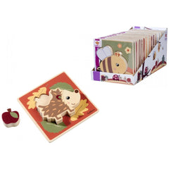 Eichhorn Wooden Animal Puzzle featuring a hedgehog design with vibrant autumn leaves against a white background.