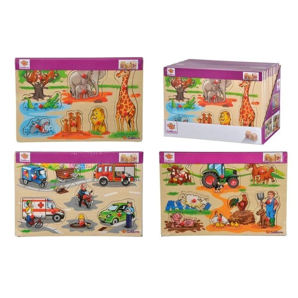 Eichhorn wooden puzzle with four vibrant panels featuring jungle, farm, city, and rural scenes for engaging play.