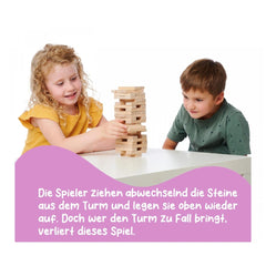 Eichhorn Wooden Stacking Tower - Two children play with colorful blocks, smiling at the camera while sitting at a table.