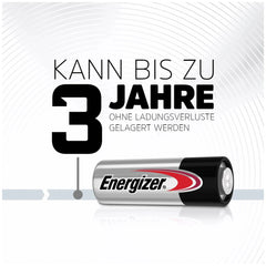 Energizer A23 12V alkaline battery with red and black label, featuring reflective surface and silver cap, on white background