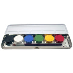 EULENSPIEGEL metal palette with six circular colors: blue, white, green, yellow, red, and a professional brush included.