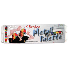 EULENSPIEGEL metal palette with 6 colors, featuring colorful hats on two people and clear packaging with "PROFI-AQUA-MAKEUP"